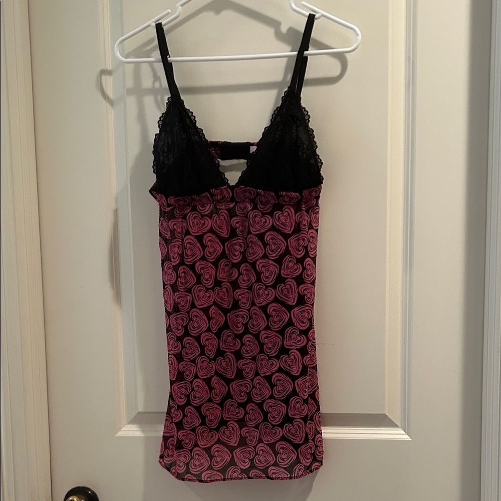 Jezebel Black & Pink Lace Trim Rose  
Heart Slip Mini Dress lingerie size L